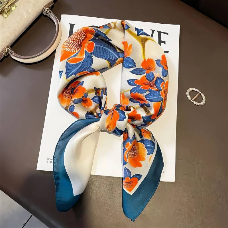 Foulard Carré – Éclat Floral Bleu & Orange Foulard Carré - Éclat Floral Bleu & Orange