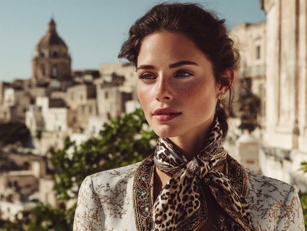 Femme portant un foulard léopard noué autour du cou